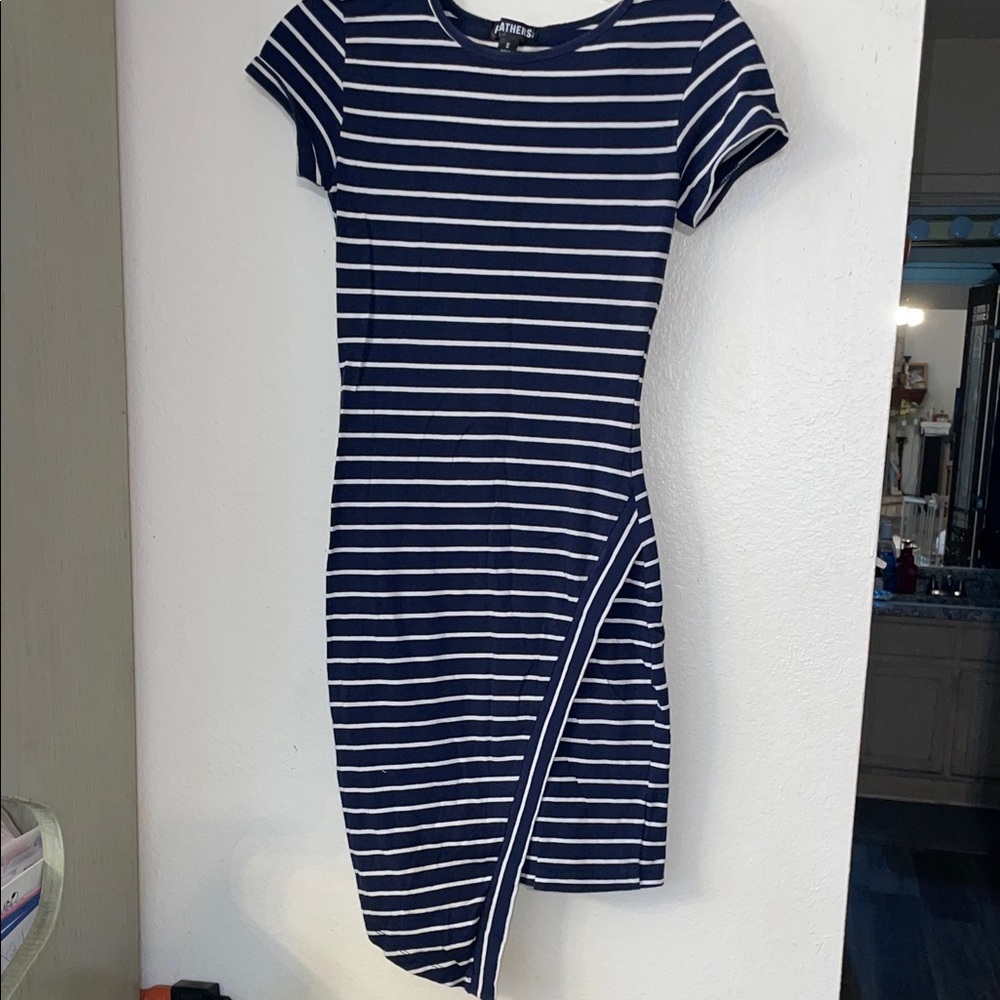 Feathers Navy and White Asymmetrical Striped Dress